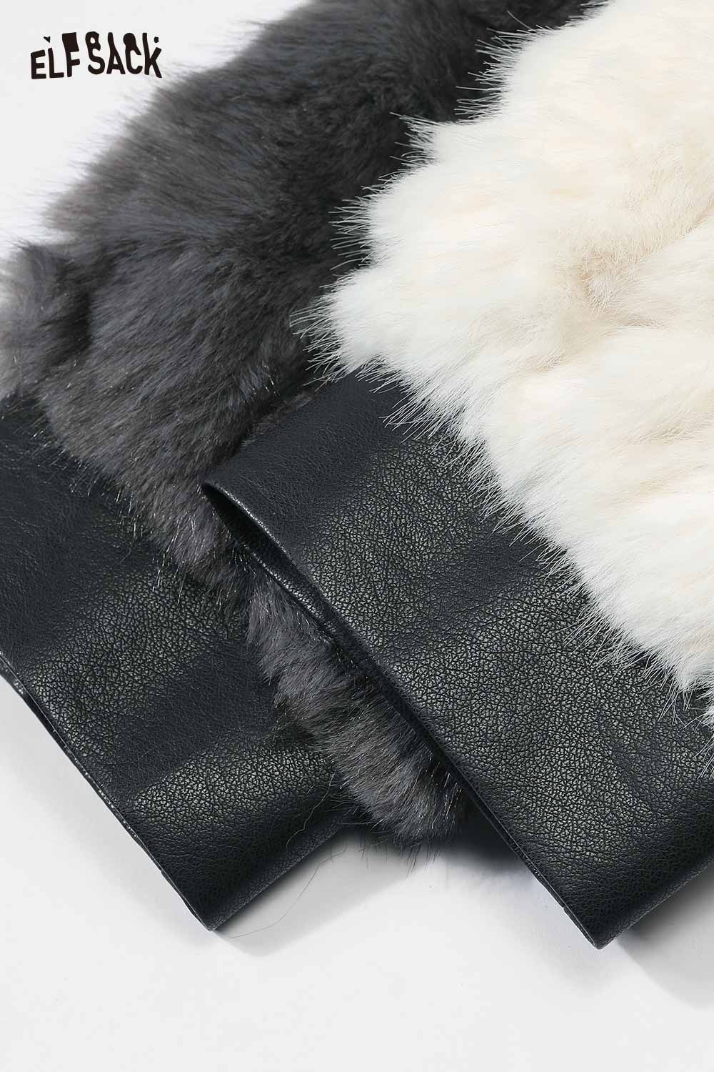 ELFSACK Soft Minimalist Short Coat for Women with Elegant Faux Fur Detail in Black and White