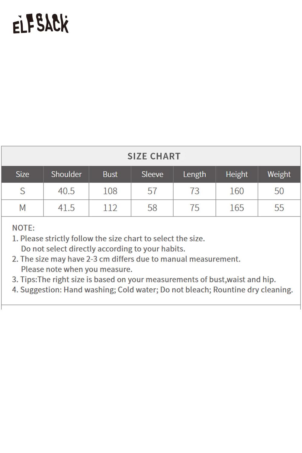 ELFSACK women's solid color coat size chart with measurements for S and M sizes