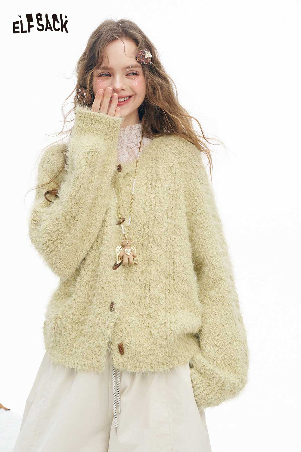 ELFSACK Soft Plush Button Sweater in Light Green with Cozy Texture and Loose Fit