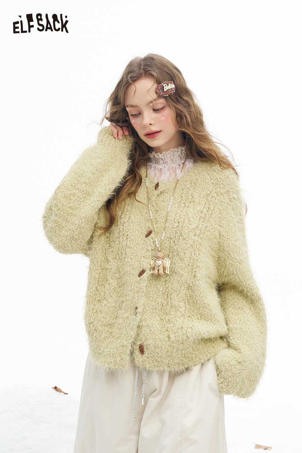 ELFSACK soft plush button sweater in light green, featuring oversized fit and cozy texture for winter warmth