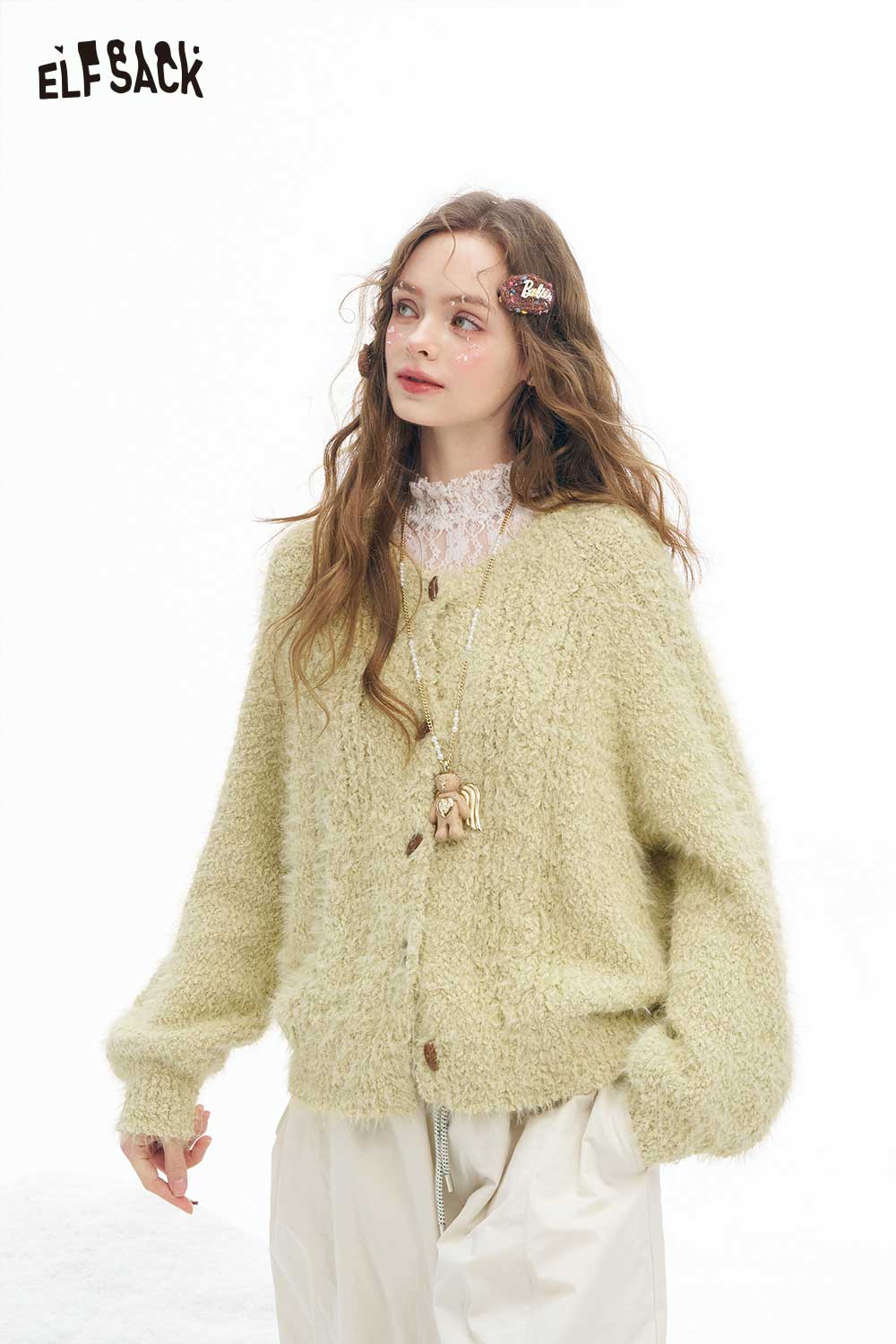 ELFSACK soft plush button sweater in light green with a cozy oversized fit and stylish buttons
