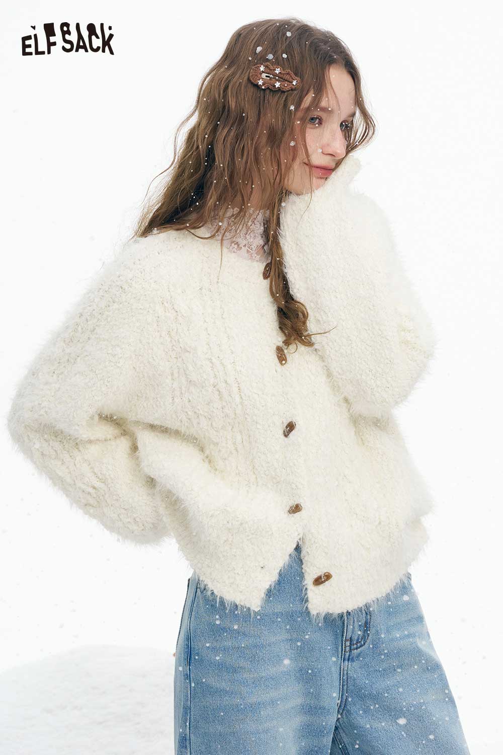 ELFSACK soft plush button sweater in cream color with cozy oversized fit, perfect for winter layering