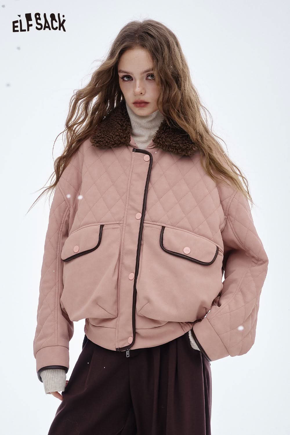 ELFSACK soft plush lapel coat for women in pink with quilted design and stylish collar
