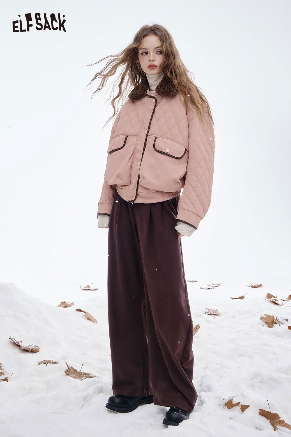 ELFSACK soft plush lapel coat for women in pink with quilted detailing and a stylish design