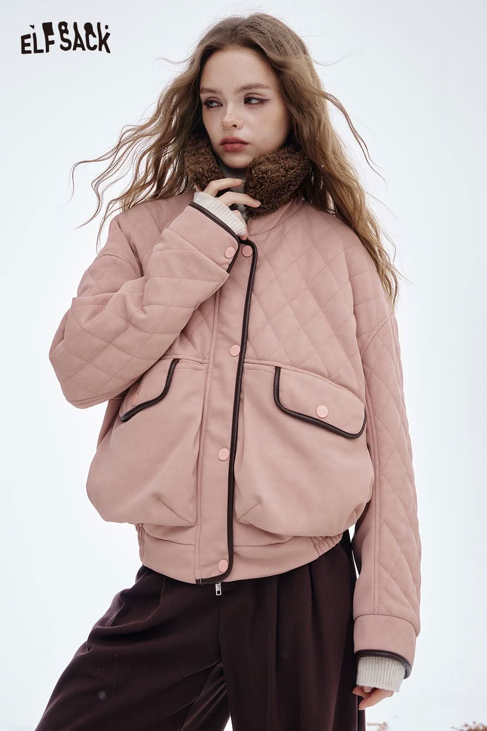ELFSACK soft plush lapel coat for women in pink with quilted design and front pockets