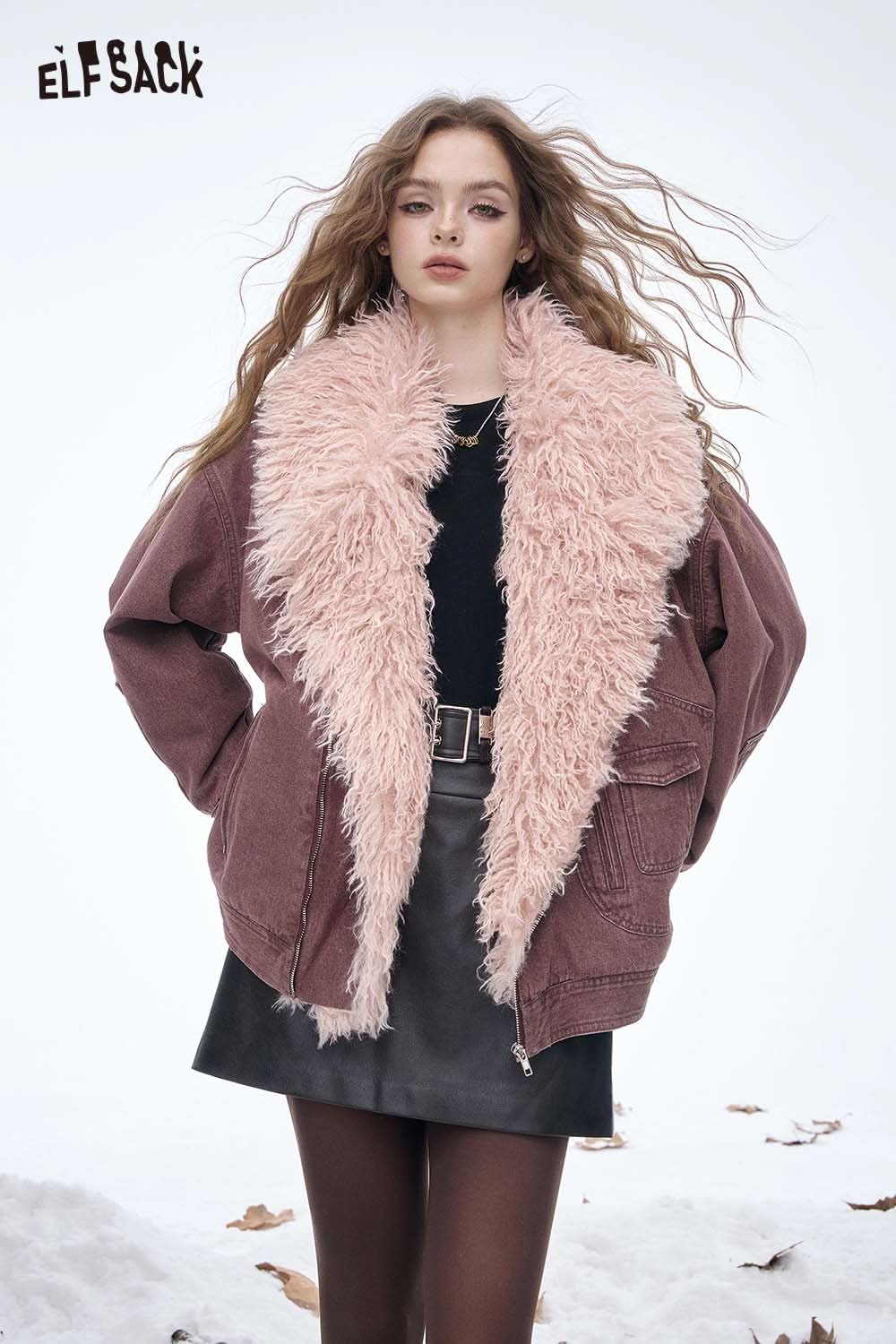 ELFSACK soft plush large lapel jacket with stylish faux fur collar in a cozy pink hue