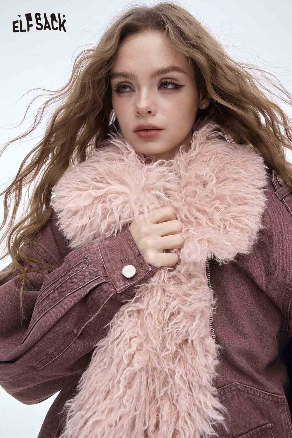 ELFSACK soft plush large lapel jacket with stylish oversized design and cozy faux fur scarf