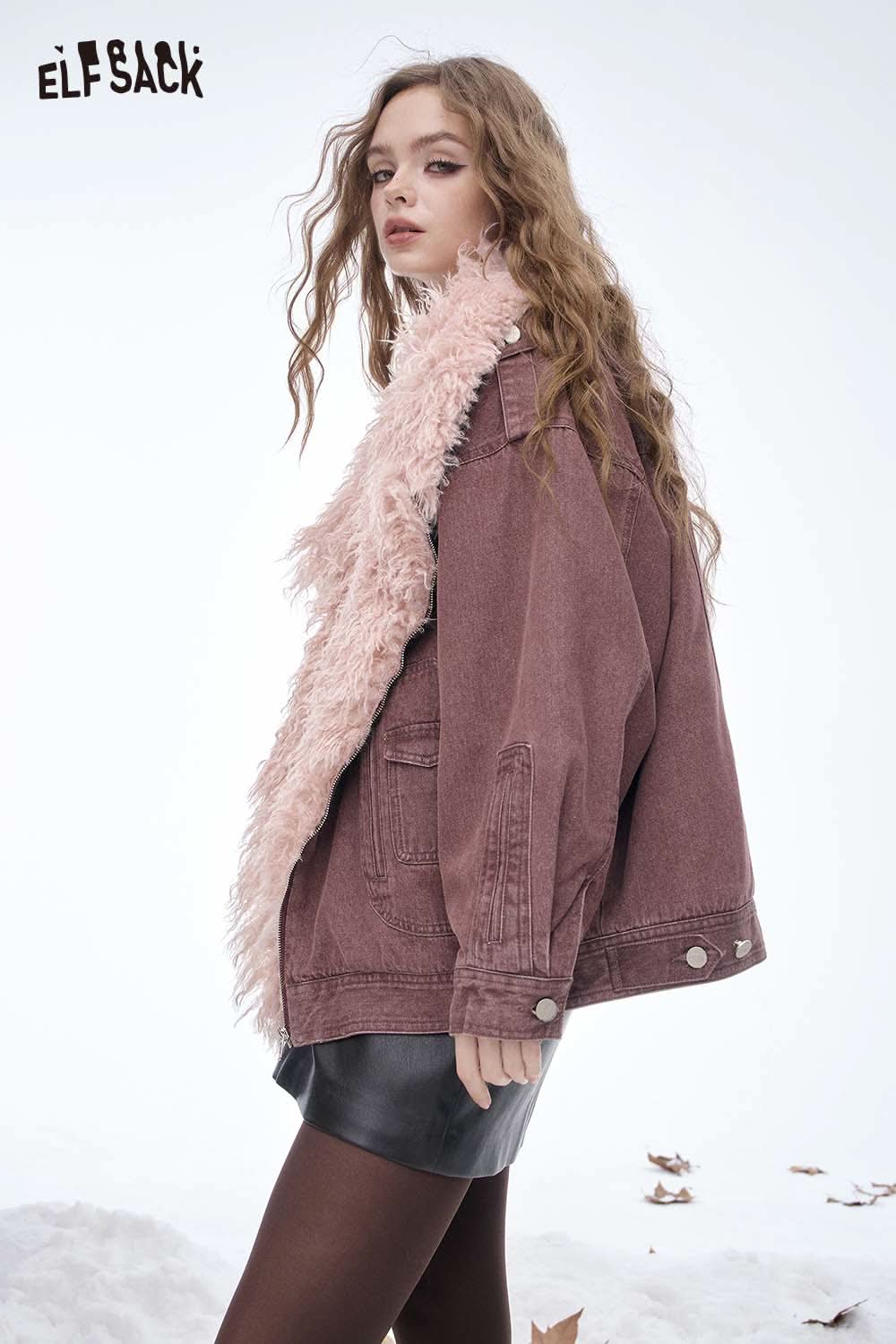 ELFSACK soft plush large lapel jacket in pink with a cozy faux fur collar for stylish winter wear