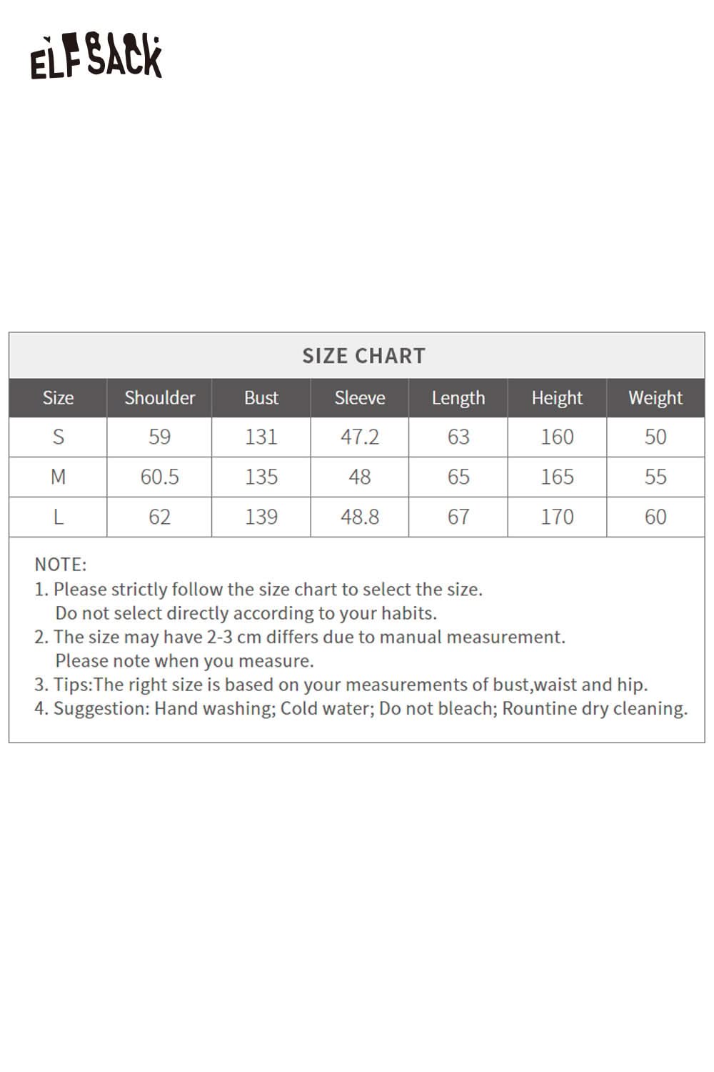 ELFSACK soft plush large lapel jacket size chart for optimal fit and comfort information
