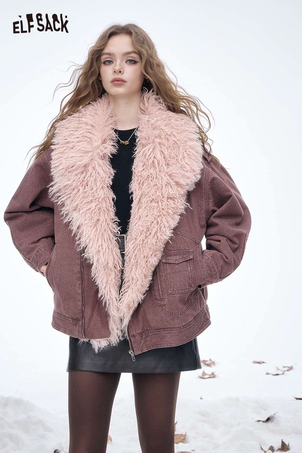 ELFSACK soft plush large lapel jacket with a cozy pink fur collar for stylish winter layering