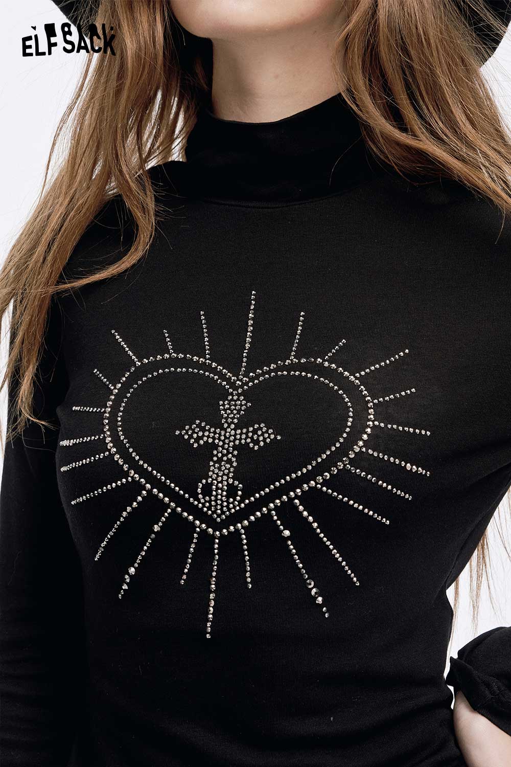 ELFSACK soft slimming high neck tshirt in black with rhinestone heart design