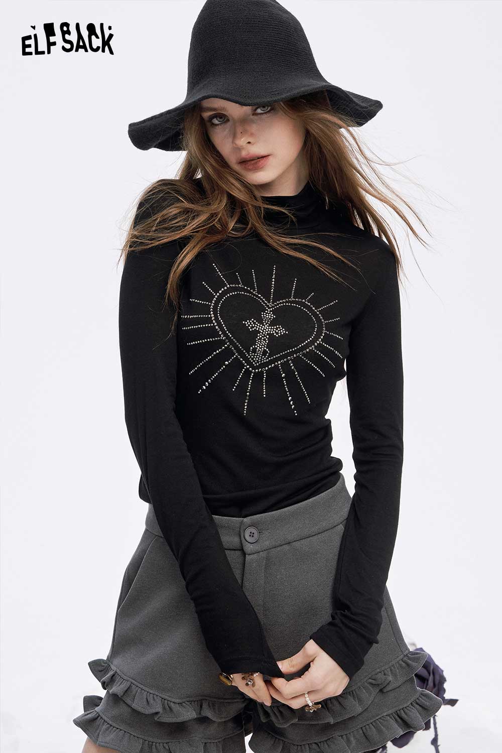 ELFSACK soft slimming high neck t-shirt in black with heart graphic design and long sleeves