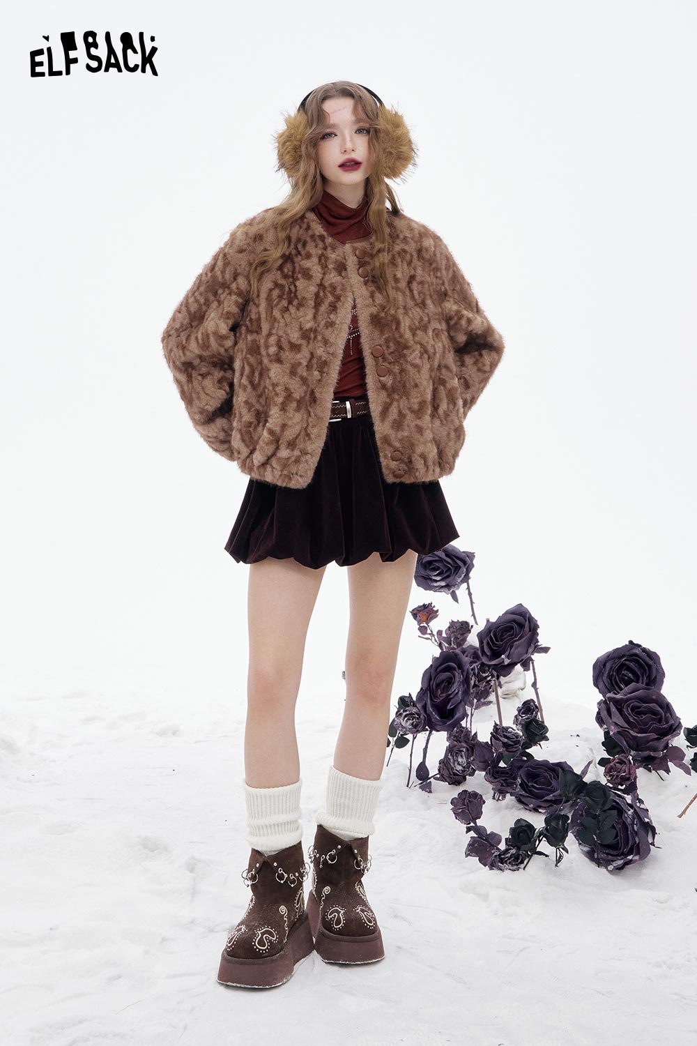 ELFSACK soft slimming high neck tshirt styled under a fluffy brown jacket for a trendy winter look