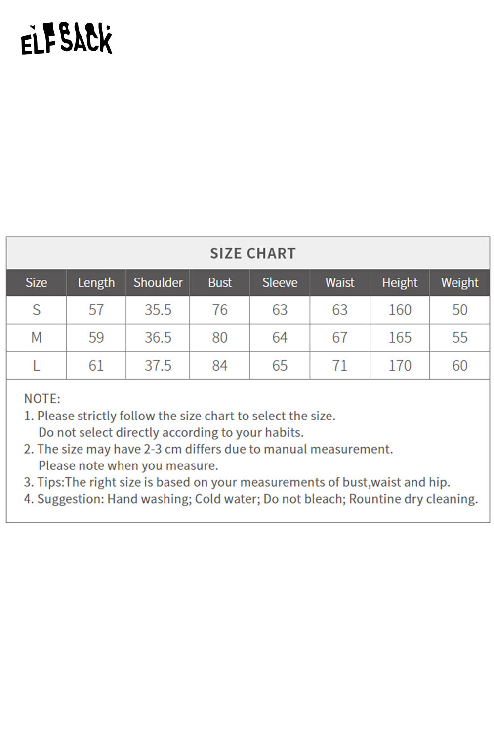 ELFSACK soft slimming high neck tshirt size chart with measurements for S, M, and L