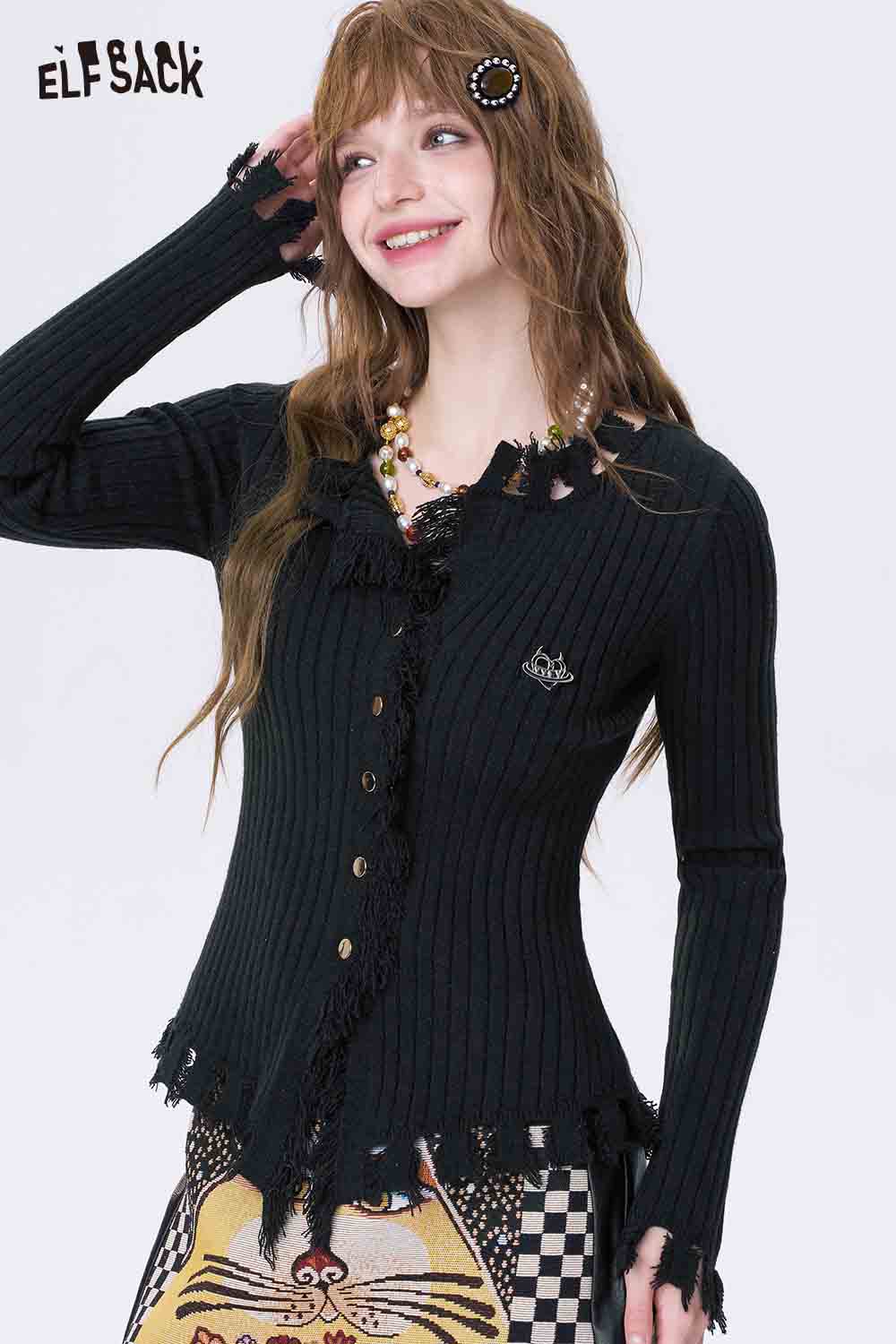 ELFSACK slim fit heart logo knit sweater with frayed edges and button detailing for a stylish look