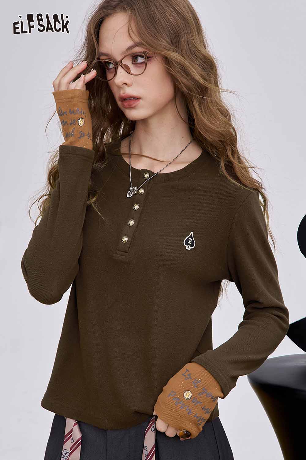 ELFSACK soft spliced sleeve long sleeve tshirt in brown with button details and unique arm warmers