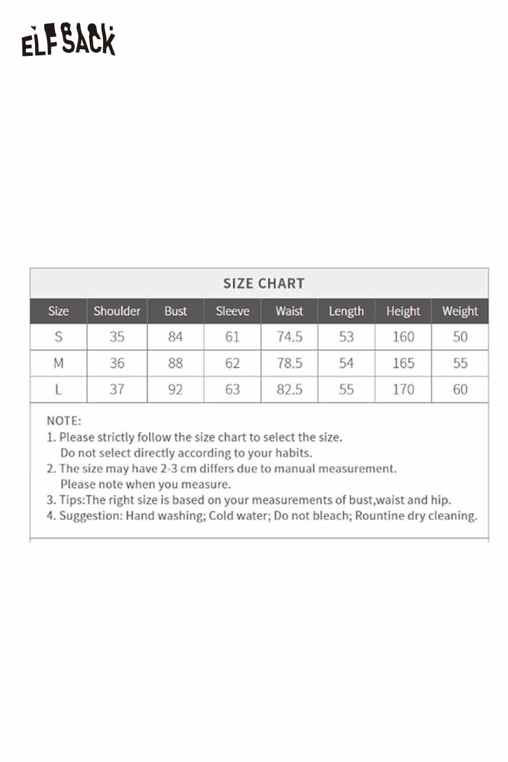 ELFSACK soft spliced sleeve long sleeve tshirt size chart with measurements for proper fitting
