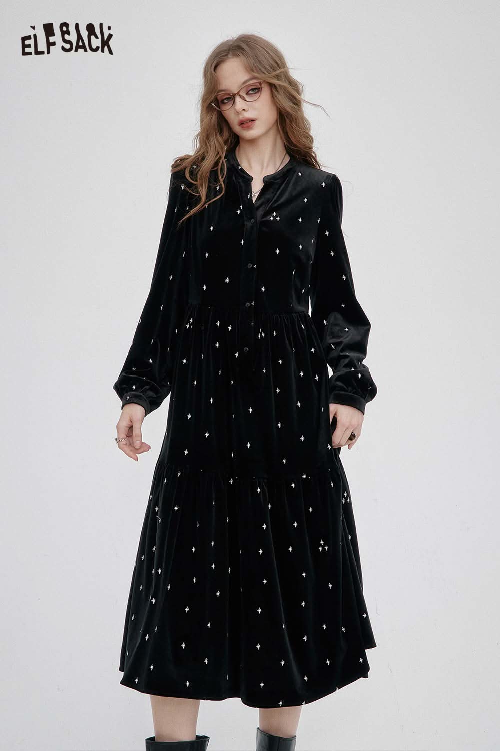 ELFSACK Soft Star Graphic Formal Long Dress in Black with Stylish Velvet Fabric and Elegant Design