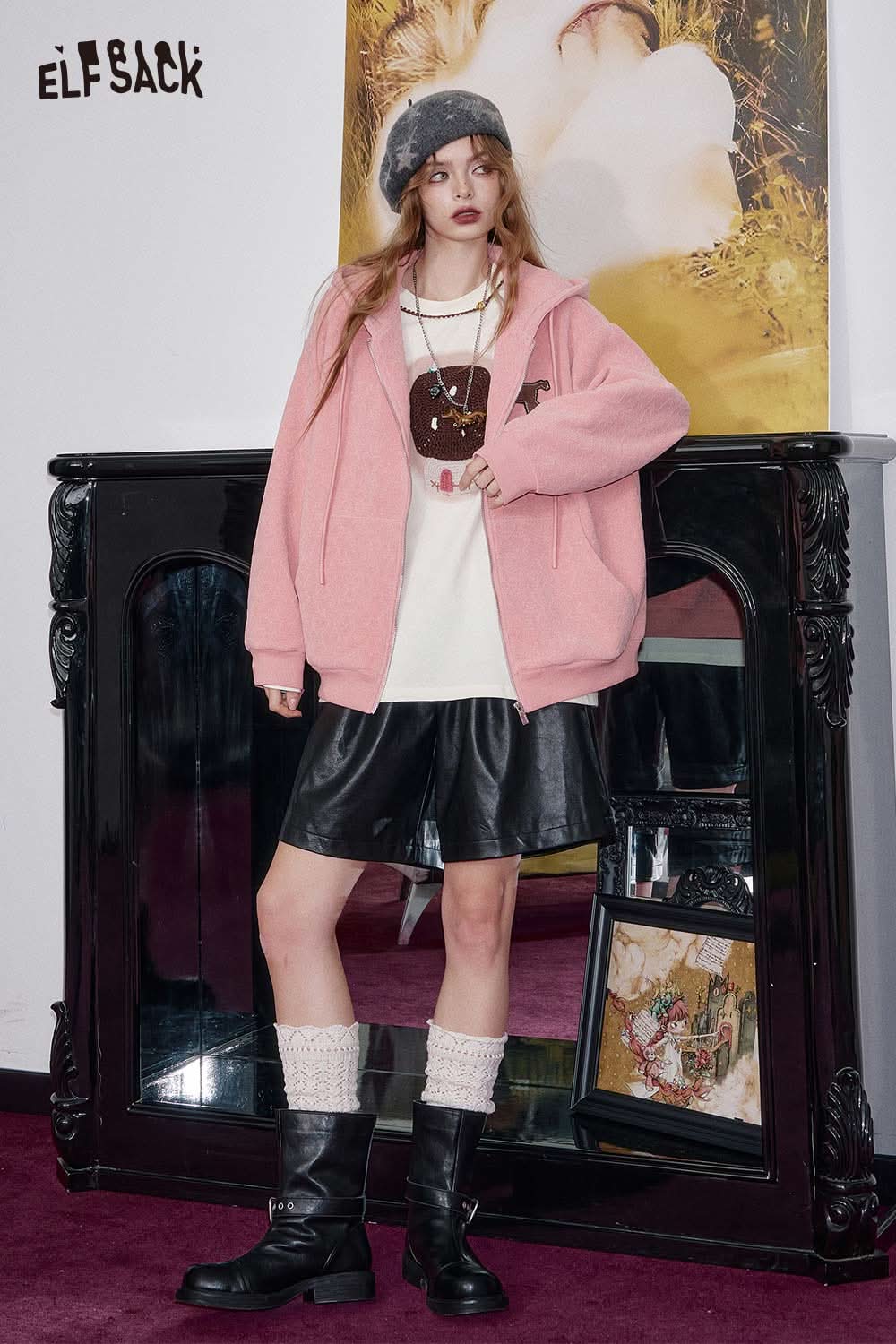 ELFSACK soft star hooded jacket for women in pink, styled with a casual outfit and a chic hat