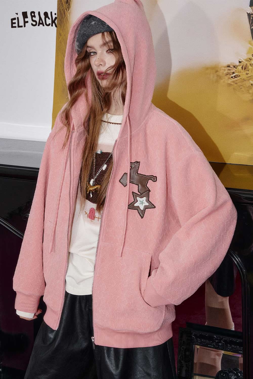 ELFSACK soft star hooded jacket for women in pink with a cozy design and playful patches
