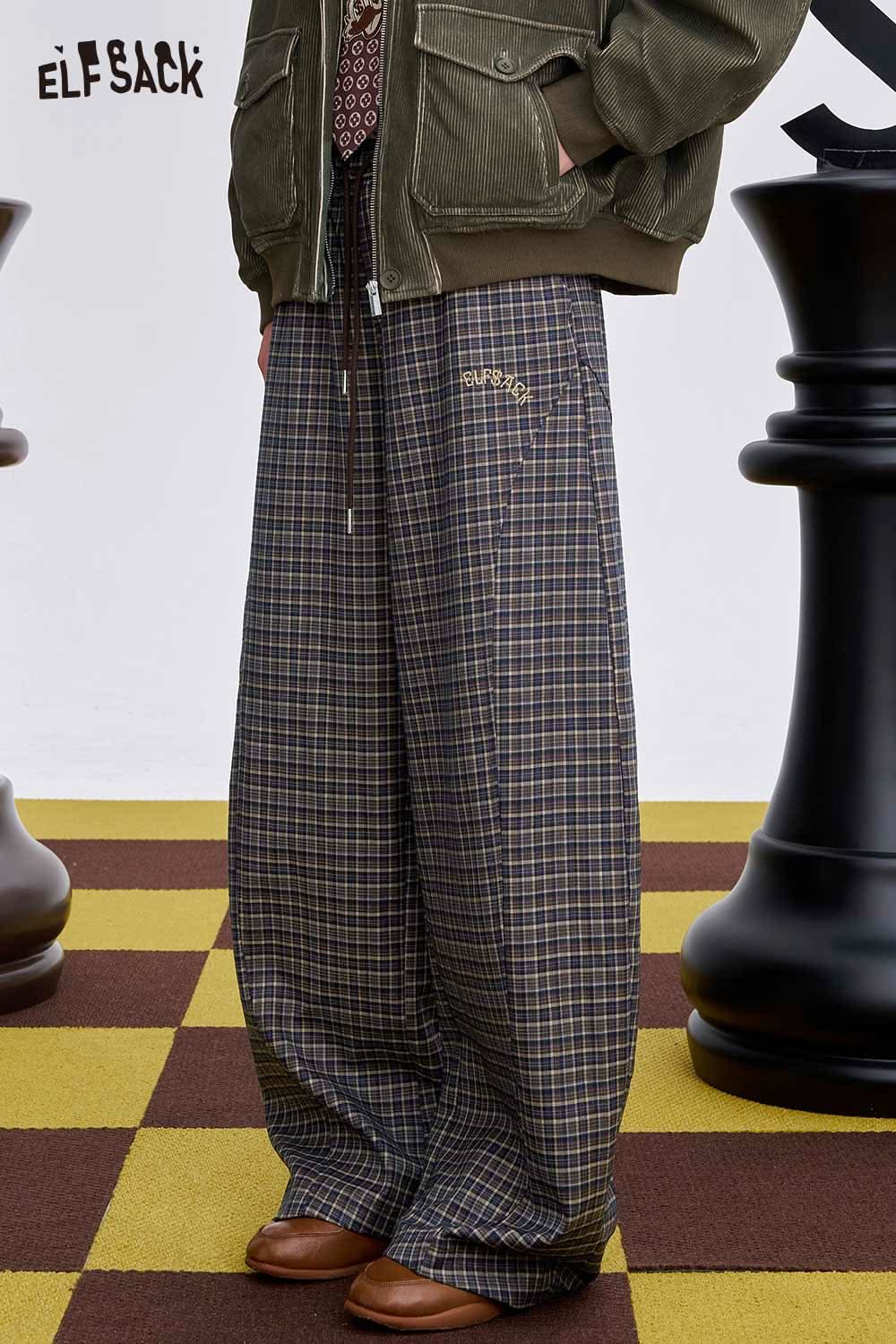 ELFSACK soft stripe embroidered wide leg pants in plaid pattern styled with a casual jacket