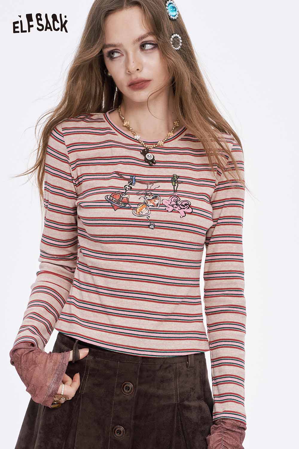 ELFSACK soft stripe graphic long sleeve t-shirt with colorful design and relaxed fit