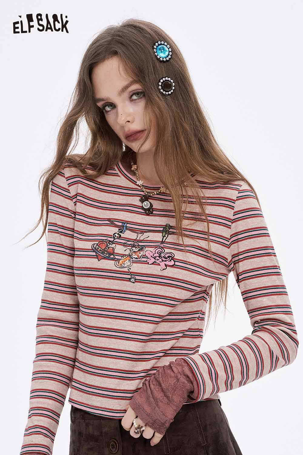 ELFSACK soft stripe graphic long sleeve tshirt featuring colorful cartoon print and relaxed fit