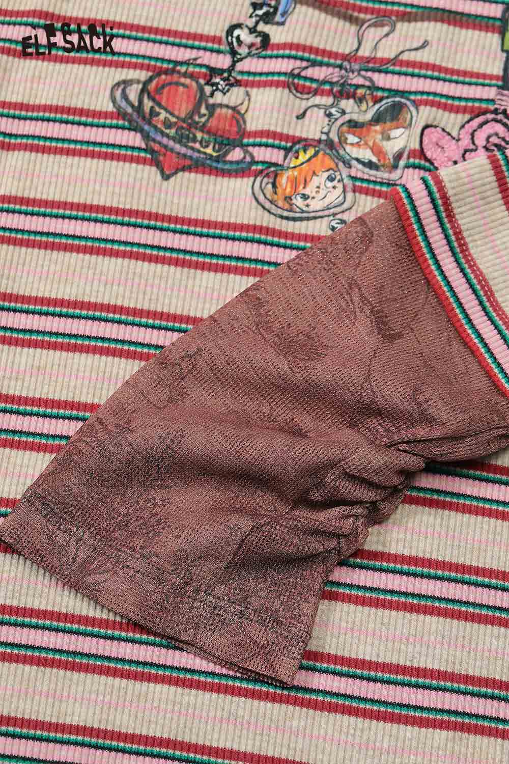 ELFSACK soft stripe graphic long sleeve tshirt with colorful designs and unique sleeve texture