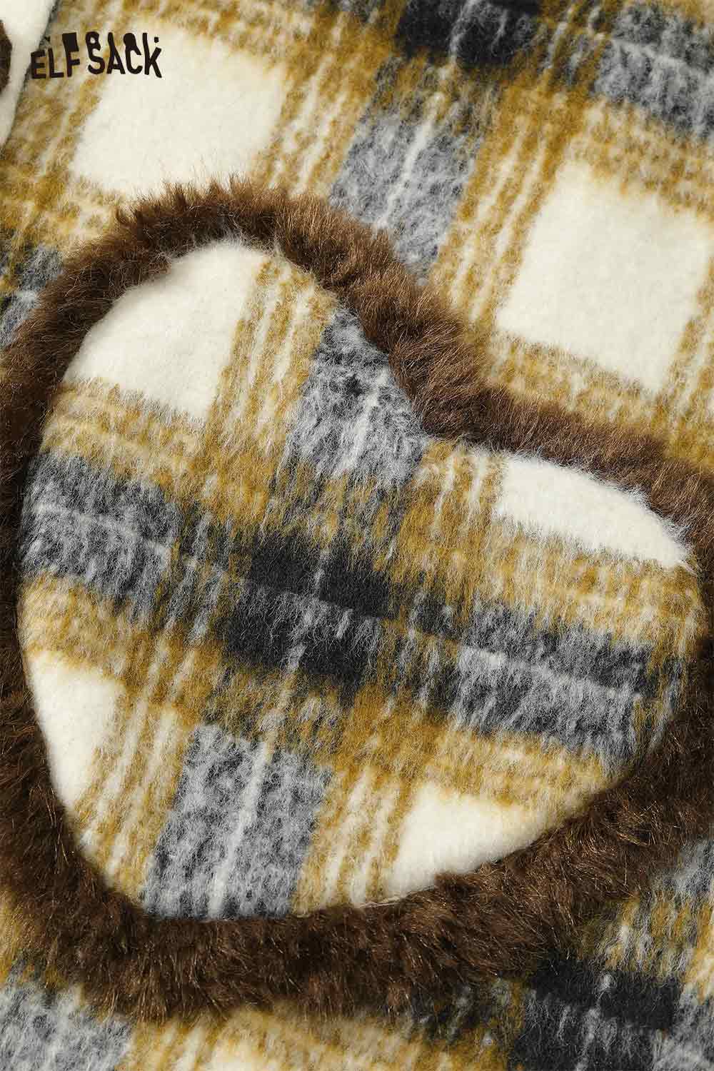 ELFSACK soft striped long coat for women featuring a cozy plaid pattern in yellow and gray