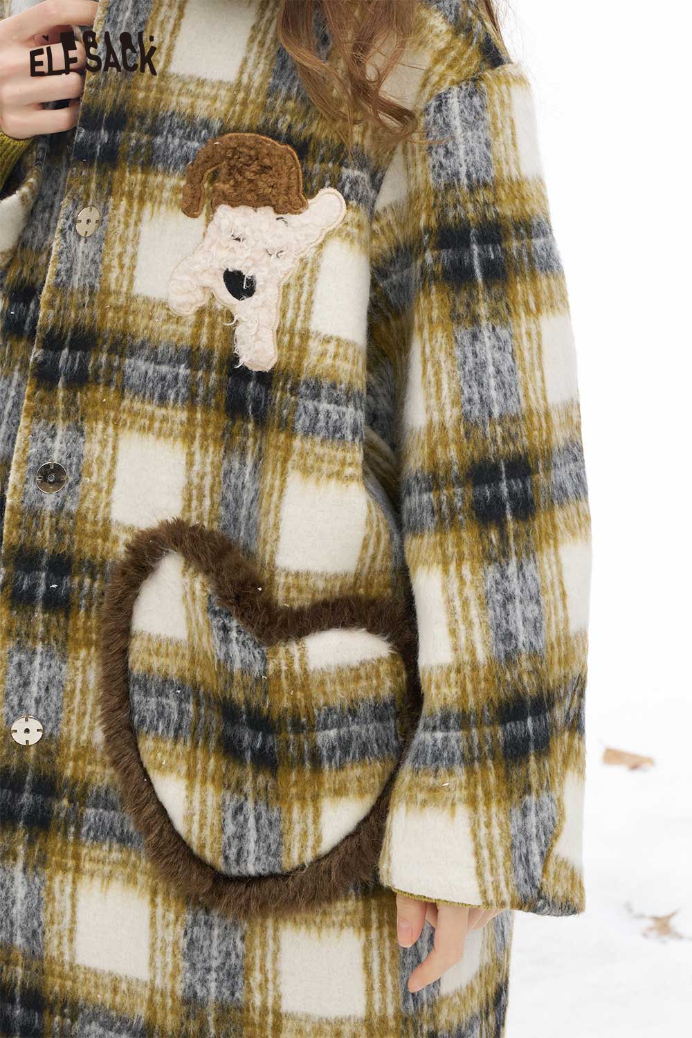 ELFSACK soft striped long coat for women featuring plaid design and playful bear patch
