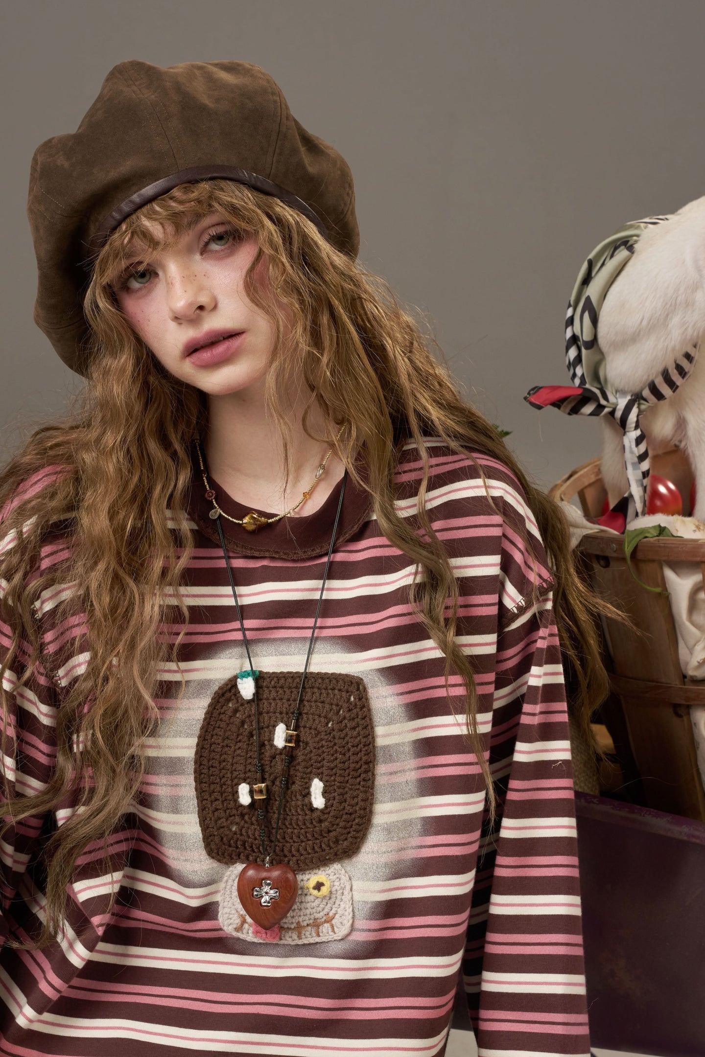 ELFSACK soft yarn sweatshirt for women in pink and white stripes with unique graphic design