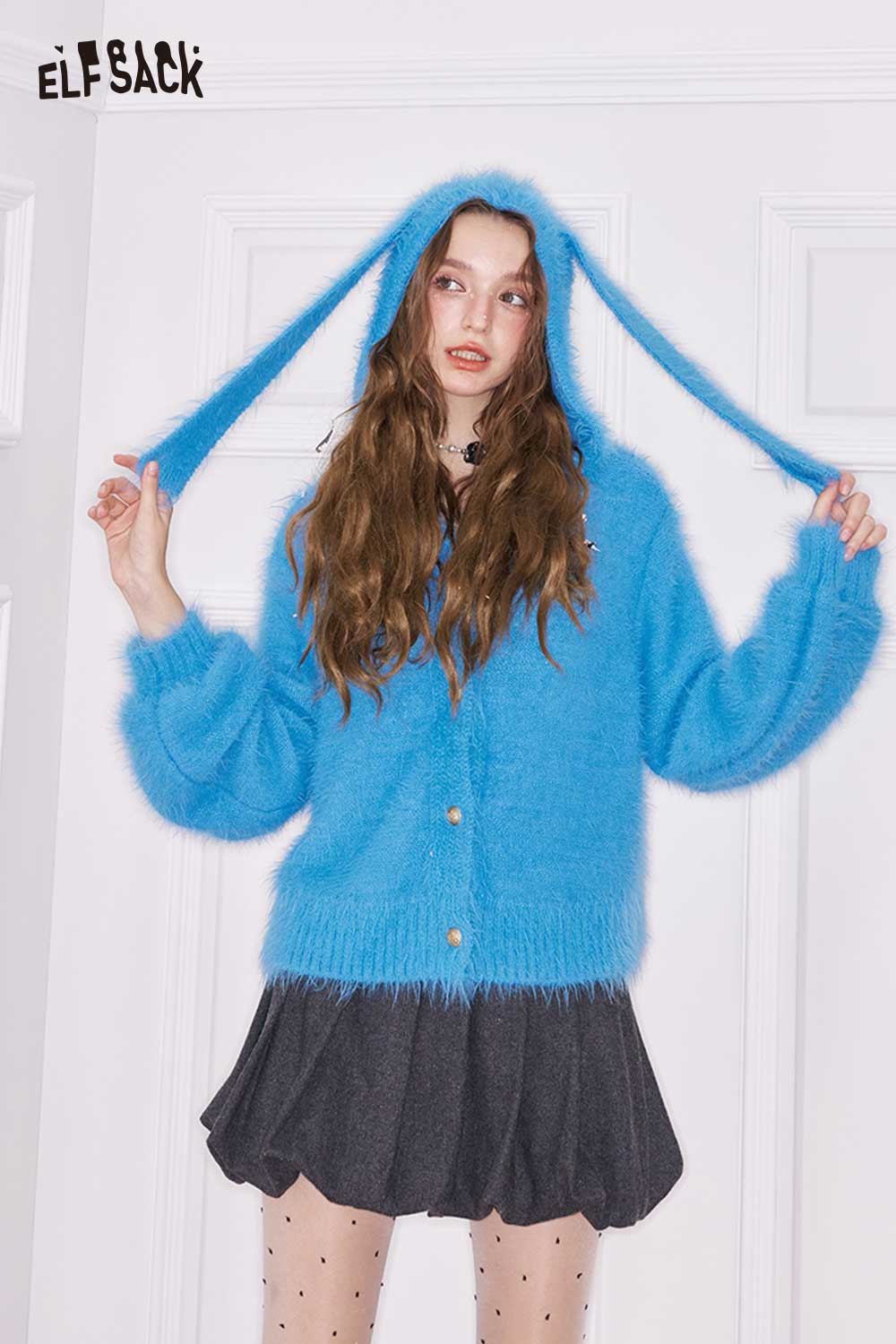 ELFSACK bunny ear hood cropped cardigan in blue with fluffy texture and button closure