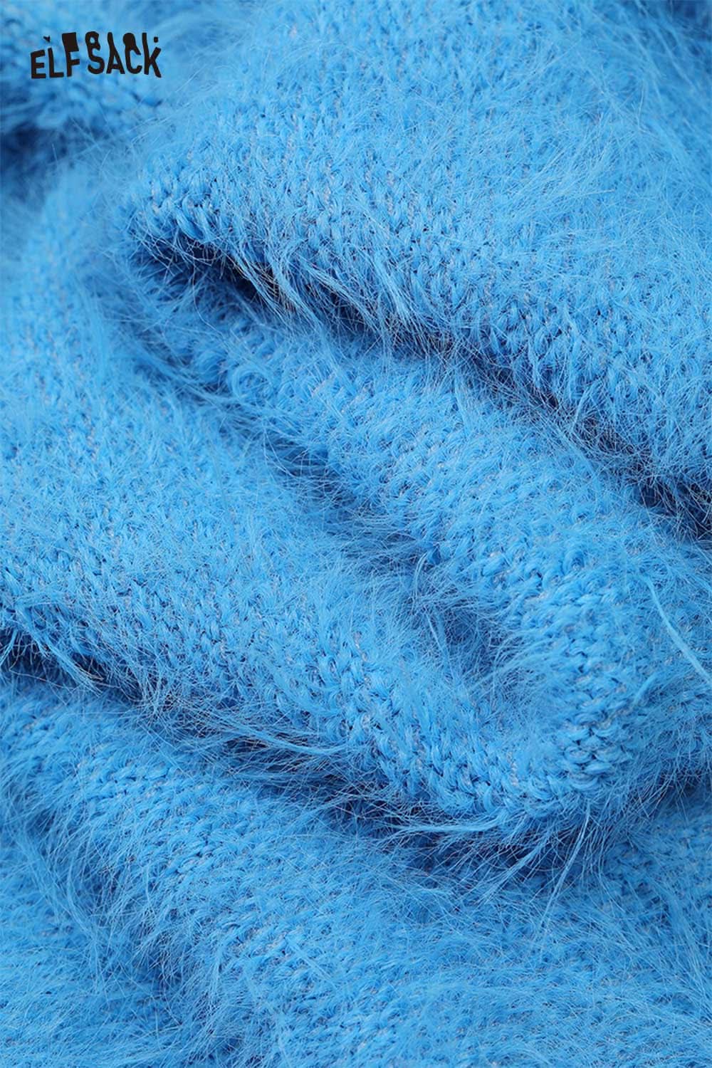 Soft blue knit fabric detail of the bunny ear hood cropped cardigan by ELFSACK