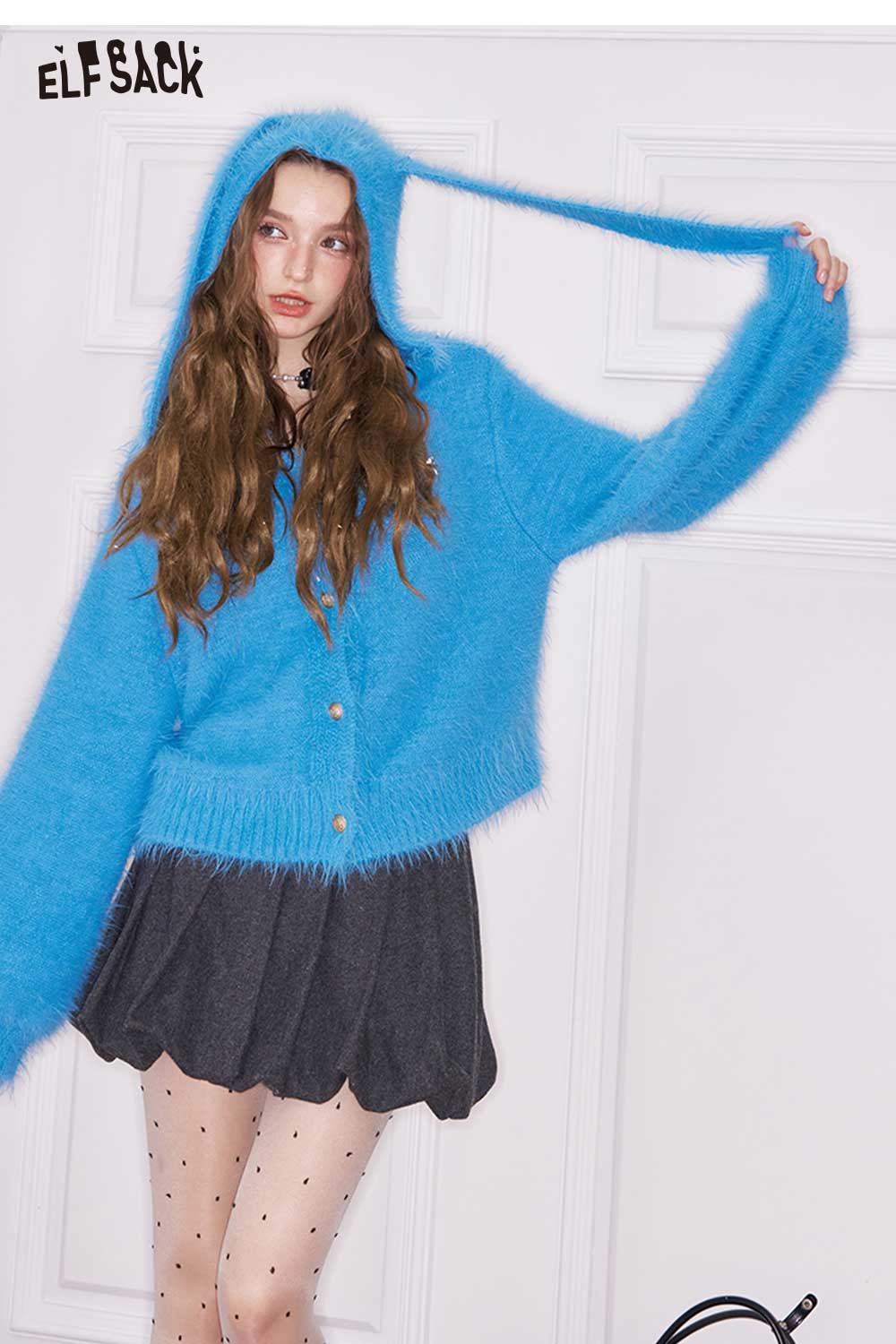 ELFSACK bunny ear hood cropped cardigan in blue with fluffy texture and button closure for stylish layering