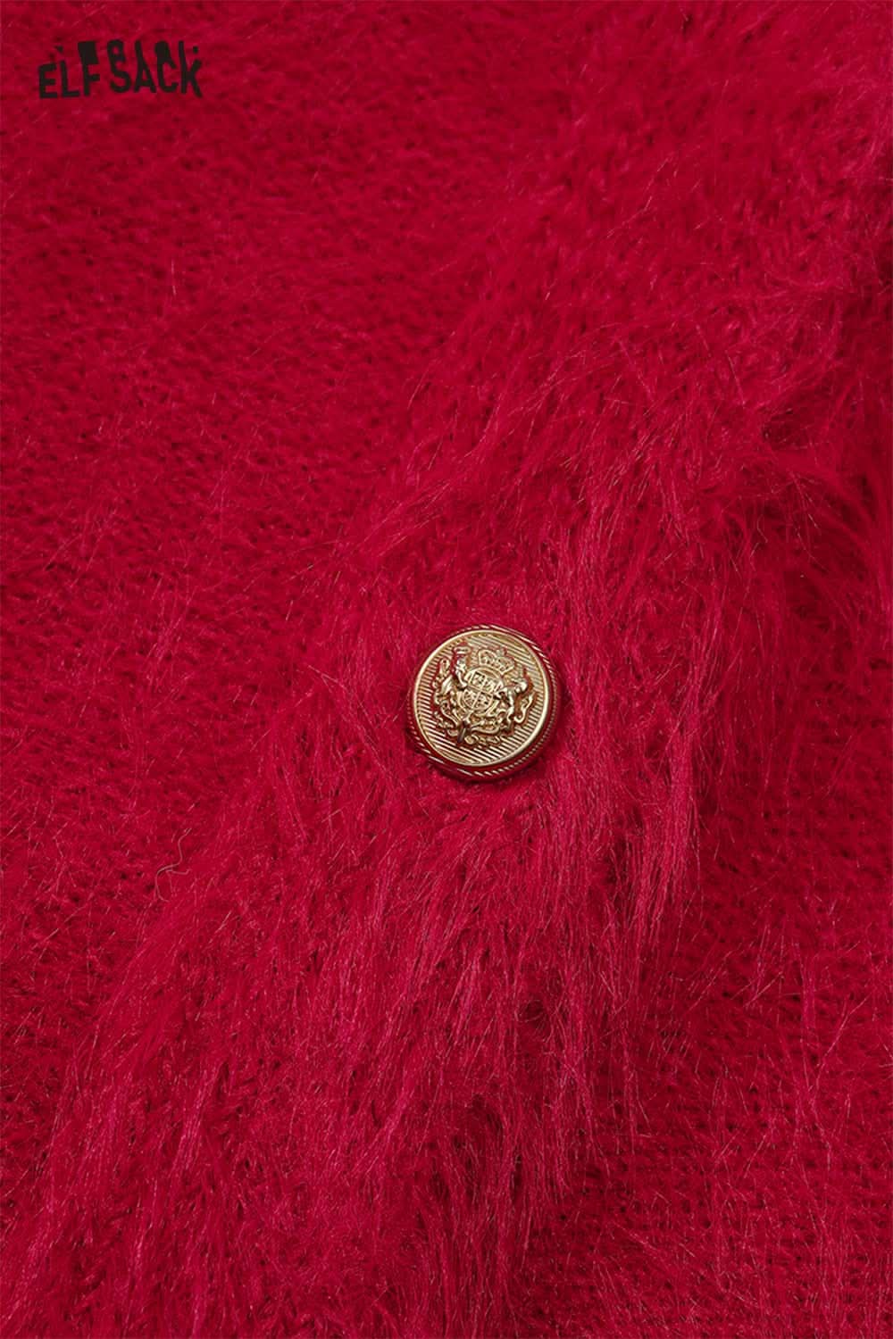 ELFSACK bunny ear hood cropped cardigan in vibrant red featuring a stylish gold button detail