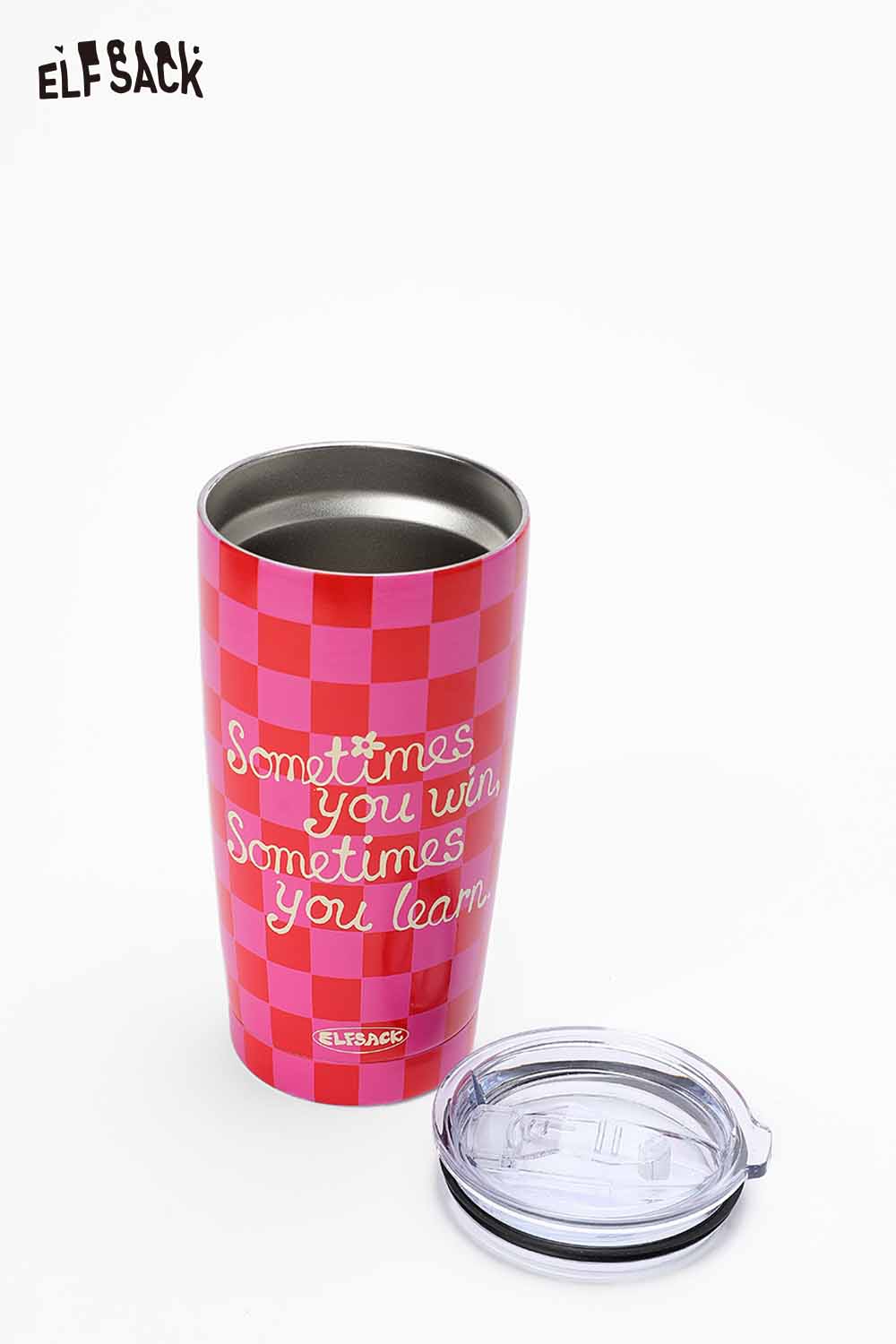 ELFSACK plaid stainless steel tumbler with pink checkered design and motivational quote