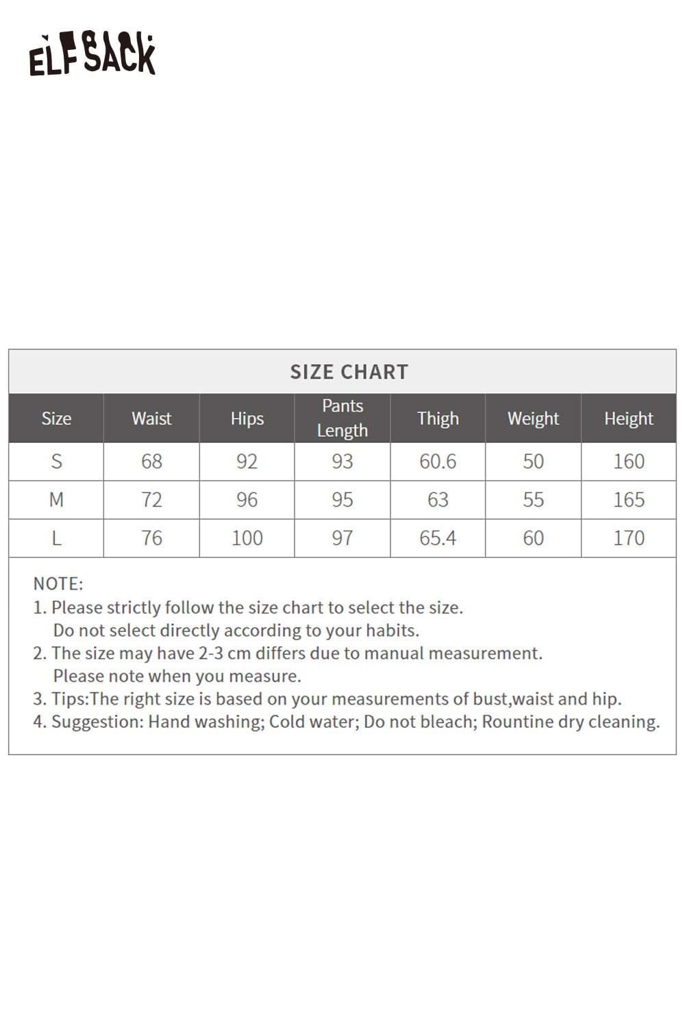 ELFSACK star stitch denim pants women size chart with measurements for waist and length