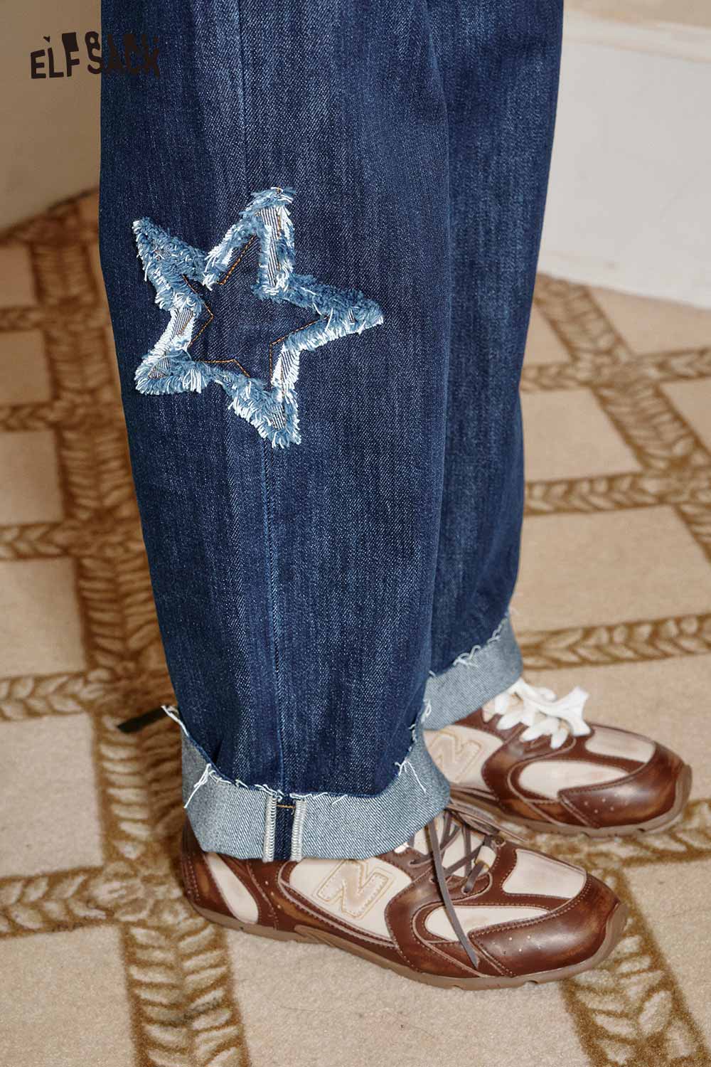 ELFSACK star stitch denim pants women with distressed star design and cuffed hems for a trendy look