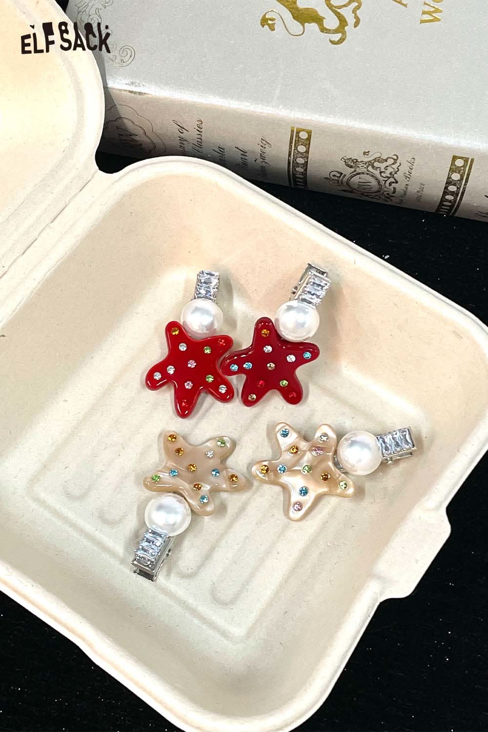 Set of colorful ELFSACK starfish pearl hairpins in a decorative box, perfect for stylish hair accessories