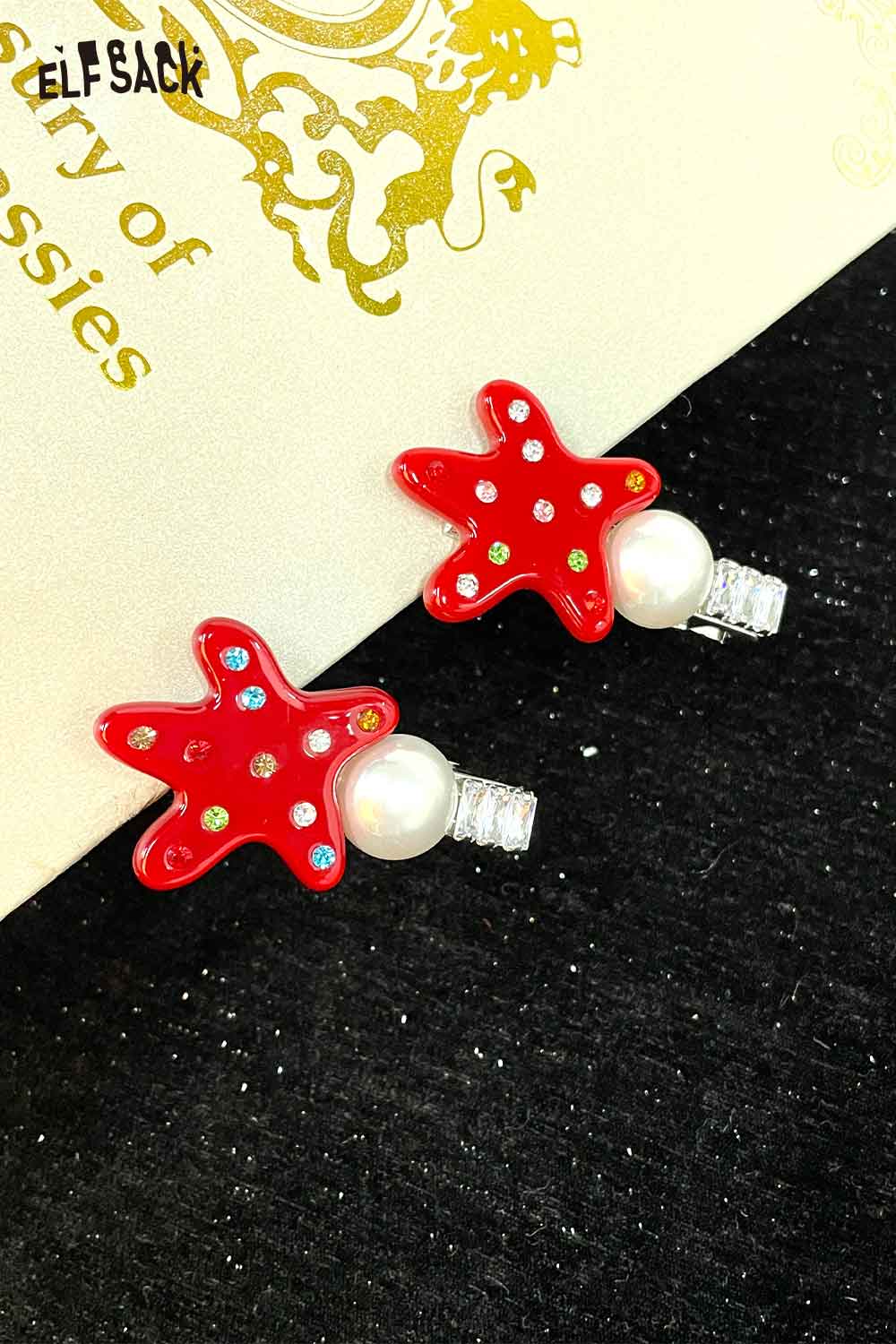 ELFSACK starfish pearl hairpin in red with sparkling accents and white pearl for stylish hair decor