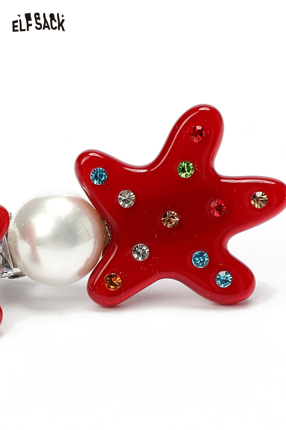 ELFSACK starfish pearl hairpin featuring a bright red starfish design with colorful rhinestones and a pearl accent
