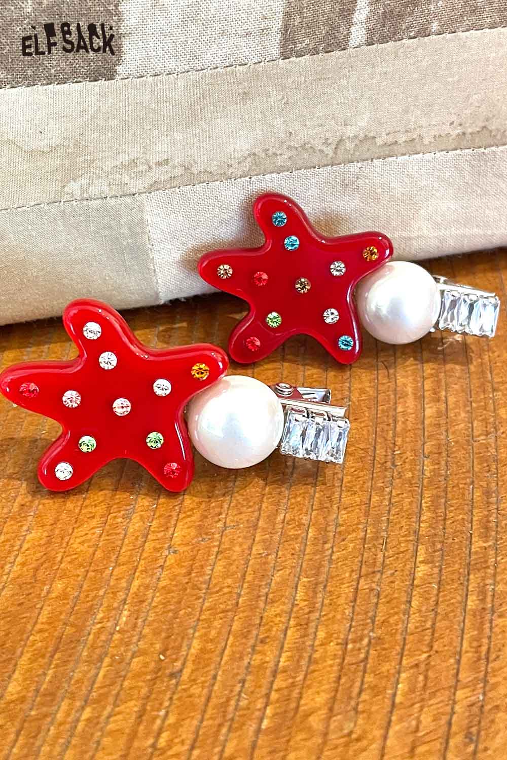 Colorful ELFSACK starfish pearl hairpin featuring red starfish design with gemstones and pearl accent