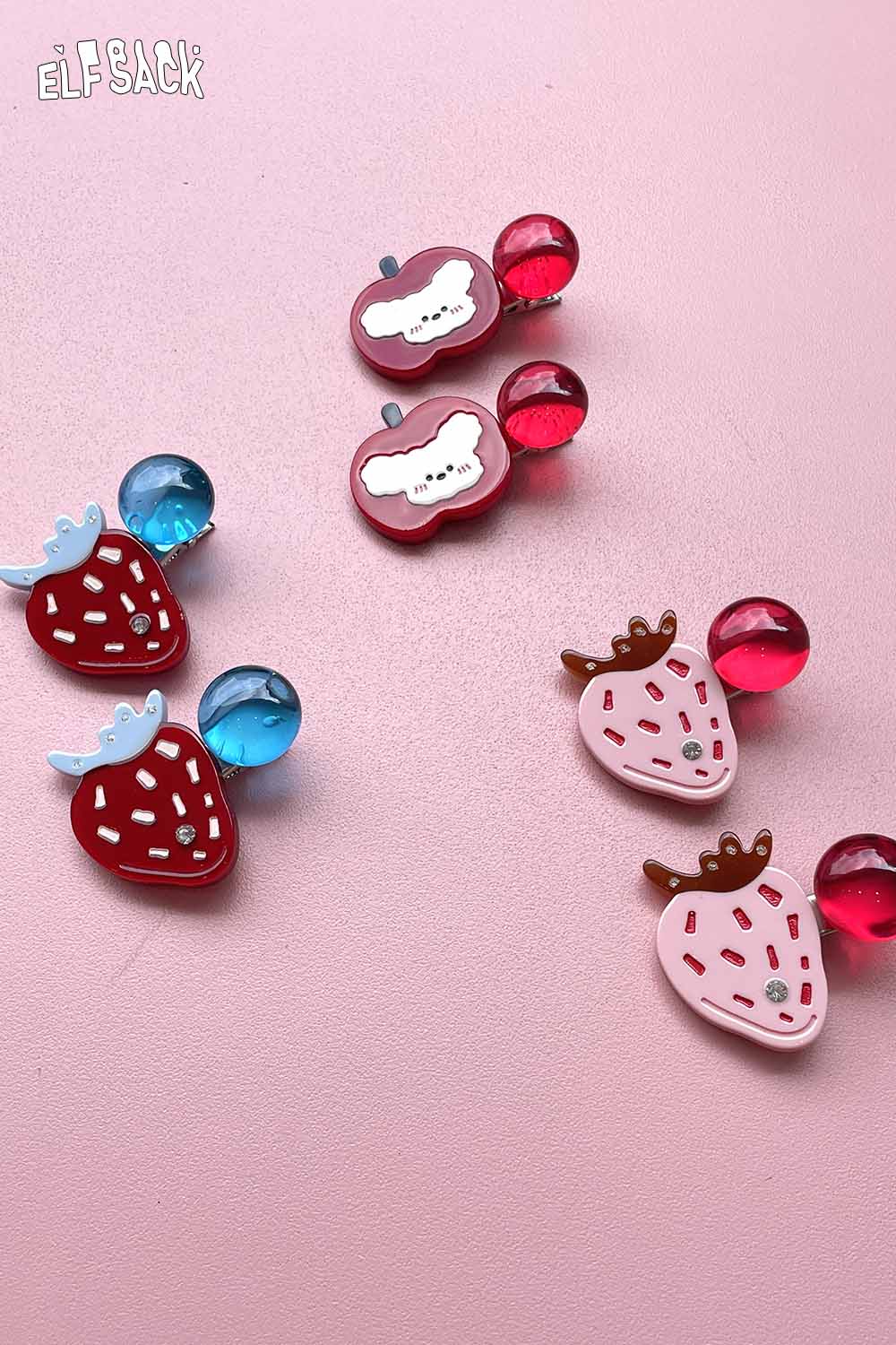 Colorful ELFSACK strawberry cherry hairpin set featuring cute fruit designs and vibrant colors