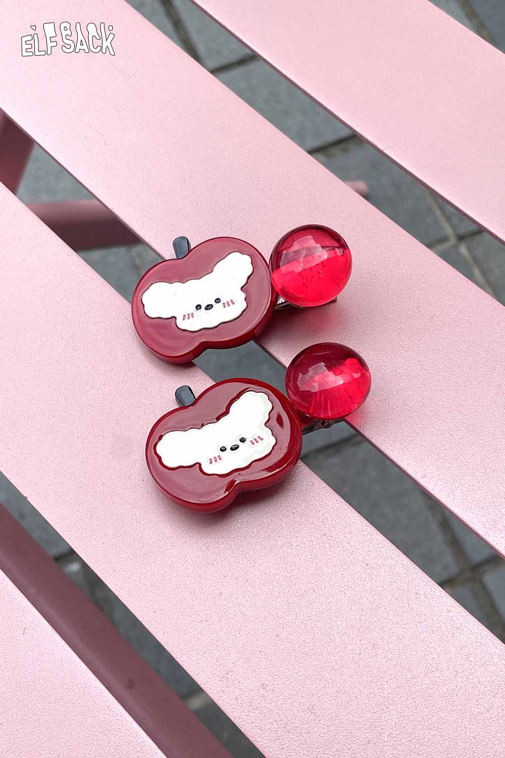 ELFSACK strawberry cherry hairpin featuring a playful cherry design with a red bead accessory