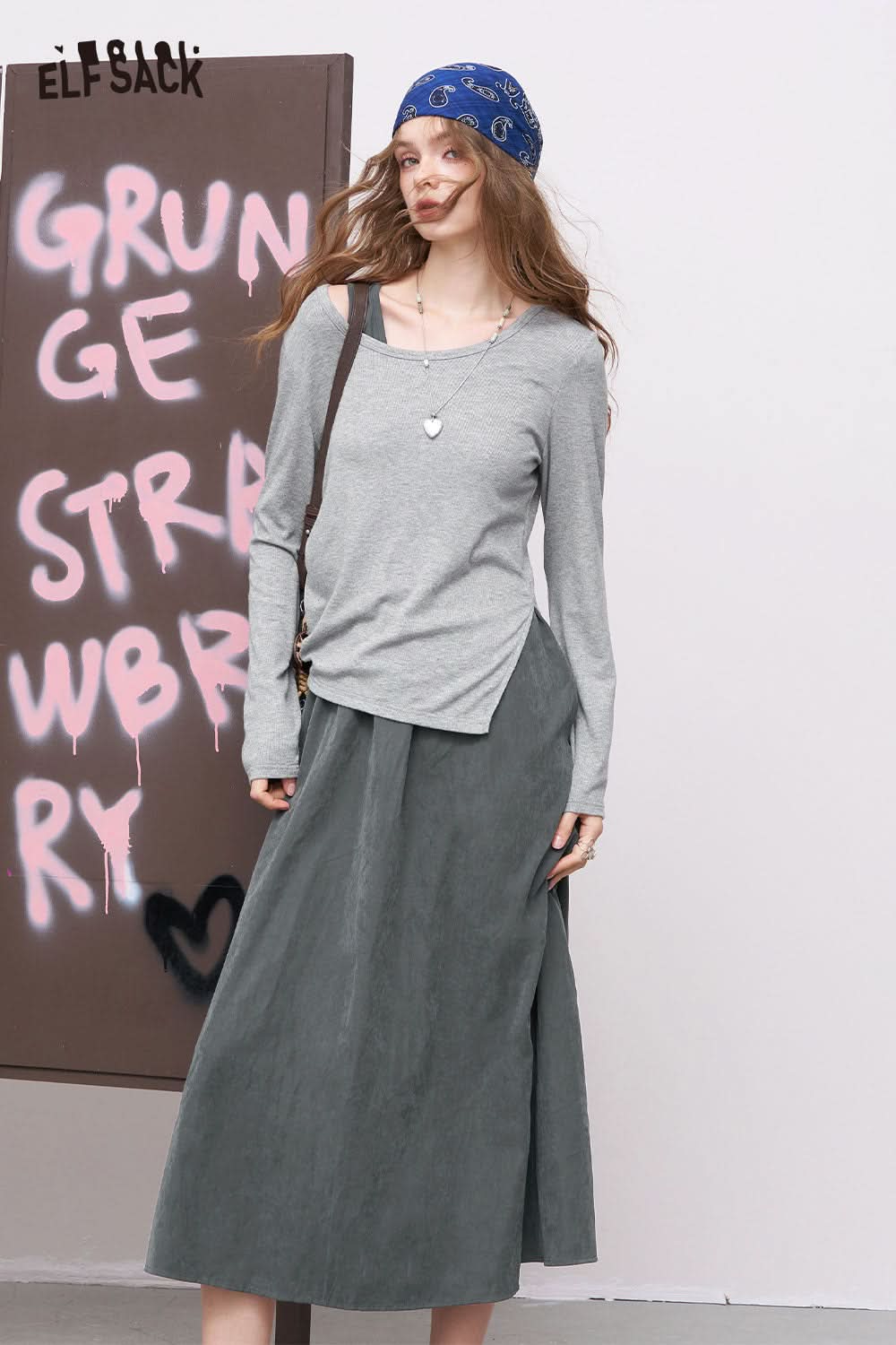 ELFSACK stretch knit two piece set gray long sleeve top and flowing midi skirt with blue bandana