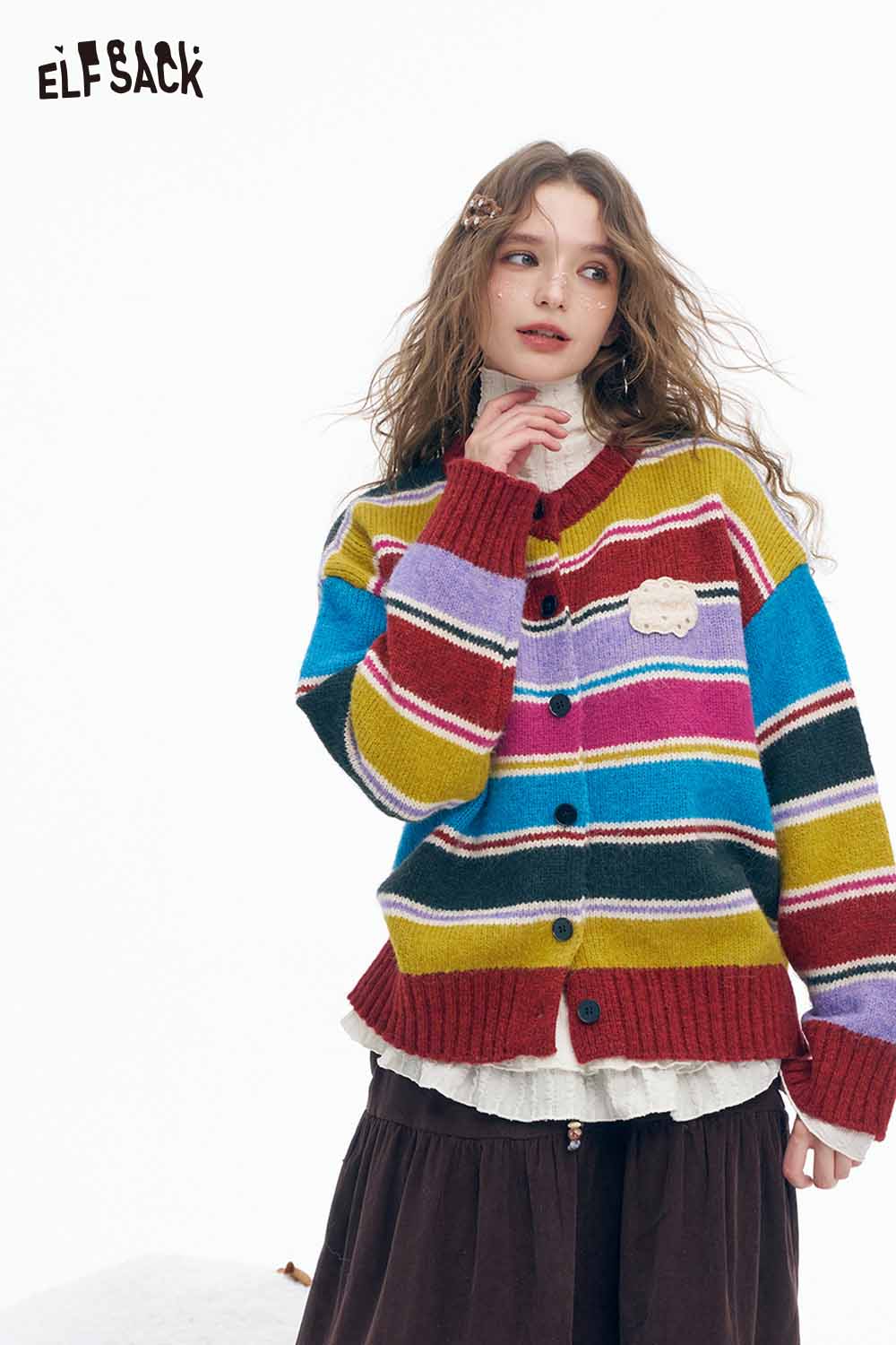 ELFSACK stripe embroidery button sweater featuring colorful stripes and stylish design for a trendy look