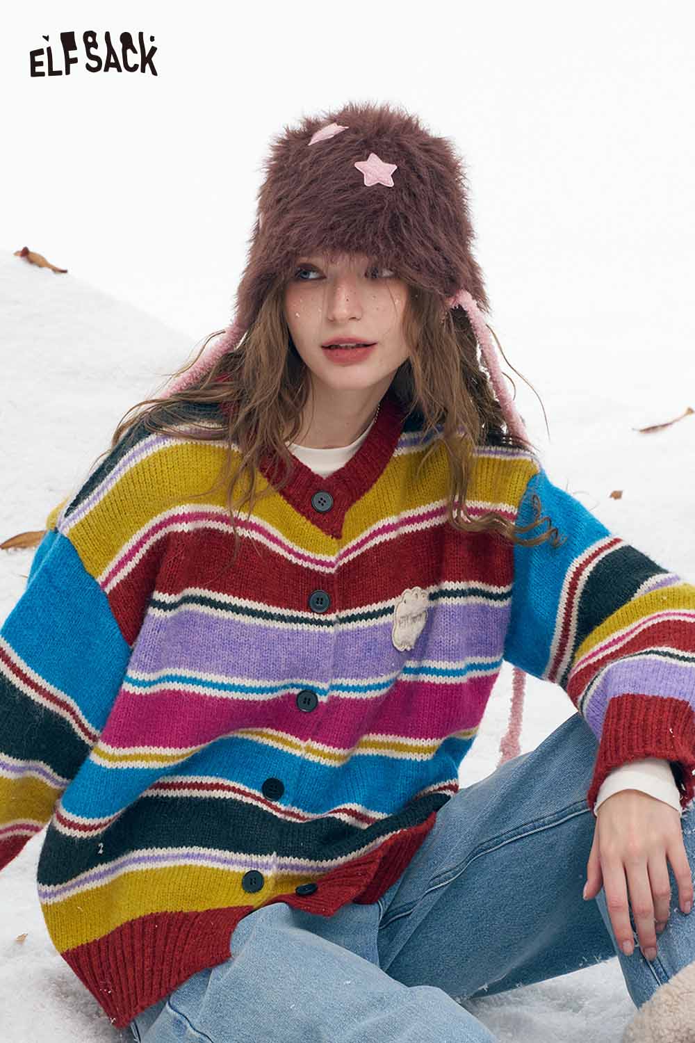 ELFSACK stripe embroidery button sweater in colorful stripes, perfect for a stylish winter look.