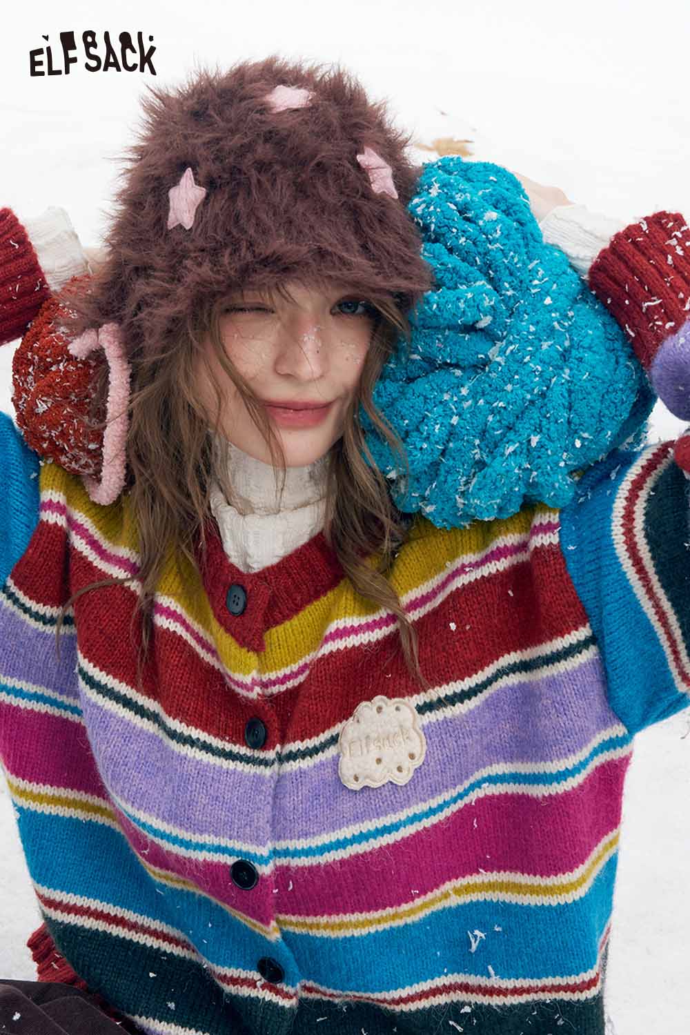 ELFSACK stripe embroidery button sweater in colorful stripes, cozy knit for winter style