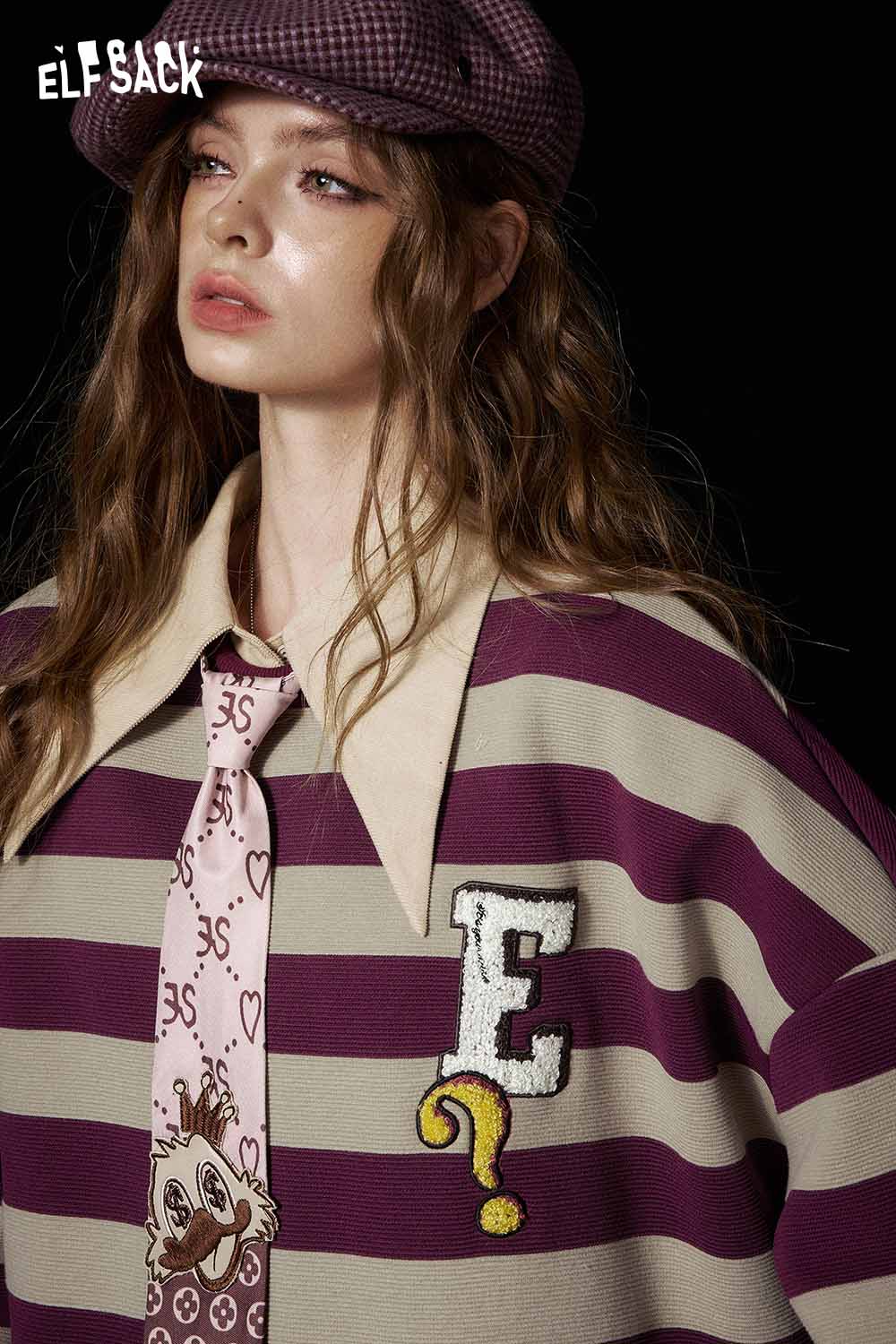 Striped embroidered sweatshirt women featuring a playful design with letters and a unique collar