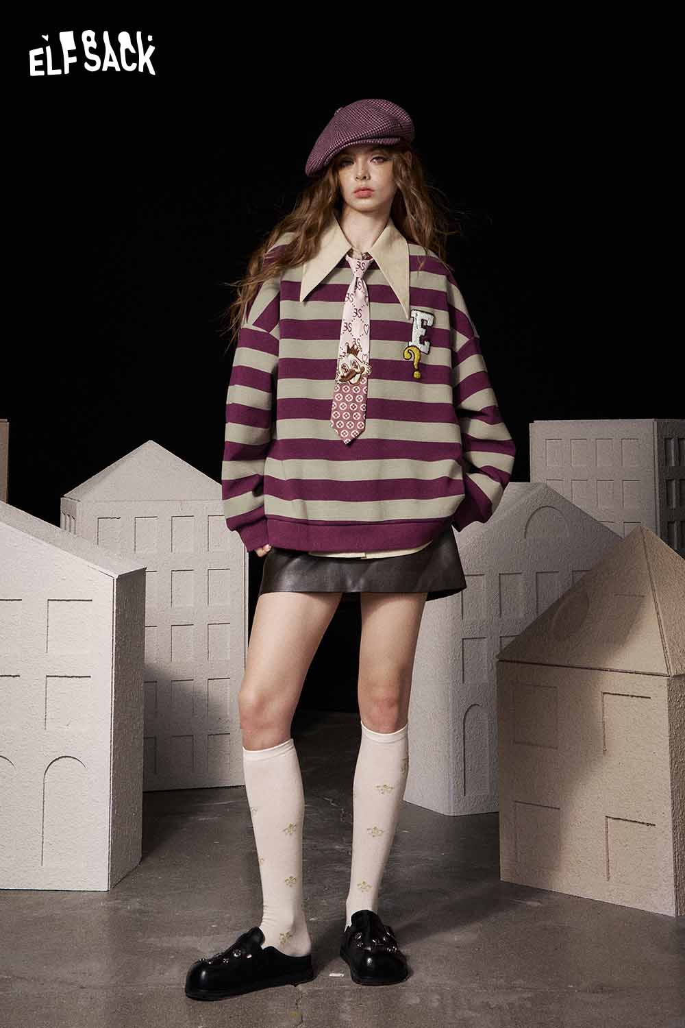 ELFSACK striped embroidered sweatshirt women with a stylish collar and unique ties for trendy outfits